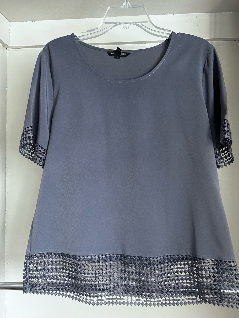 Banana Republic Slate Gray Crochet-Hem Short Sleeve Blouse